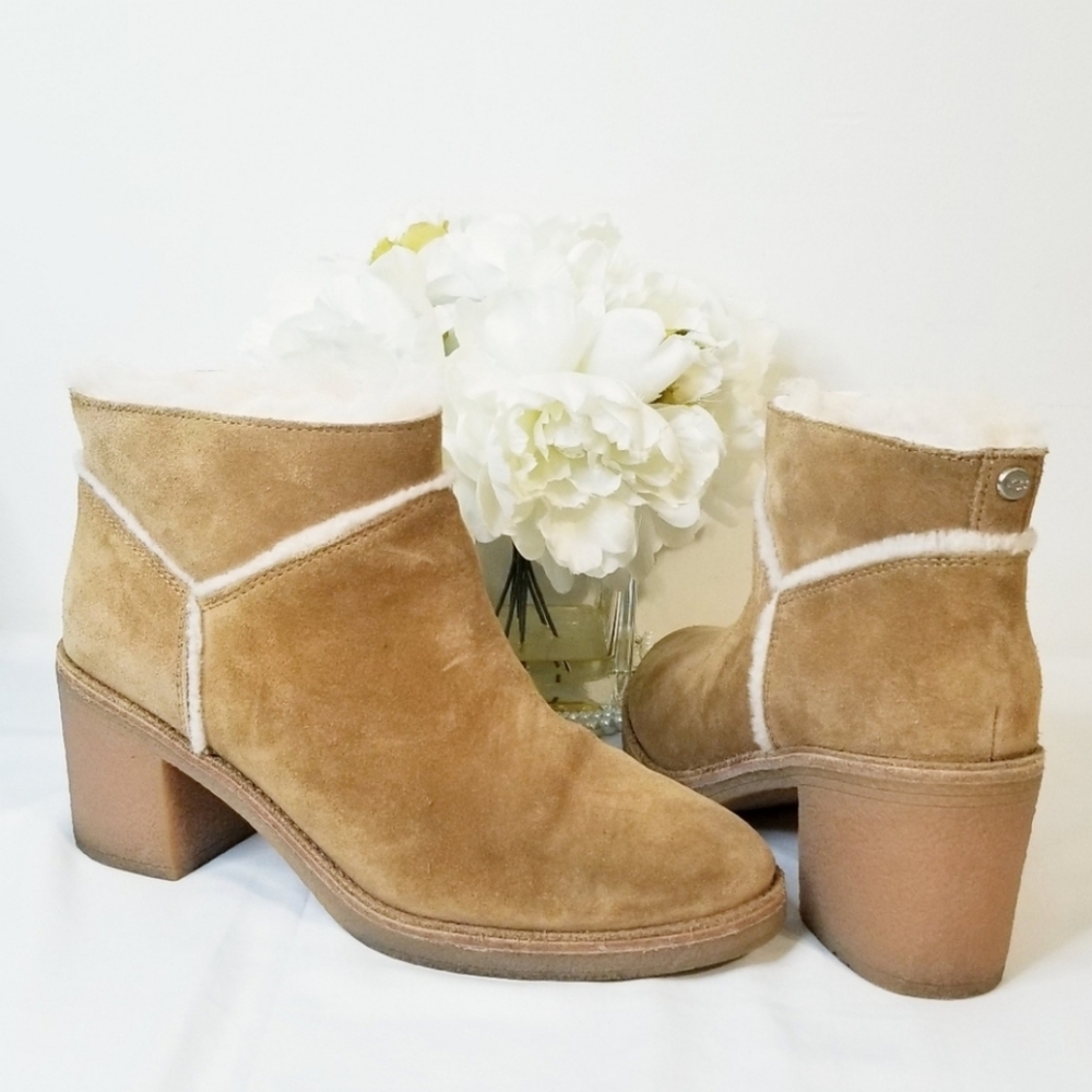 UGG Kasen Tan Block Chunky Rubber Heel Booties with Shearling Lining
